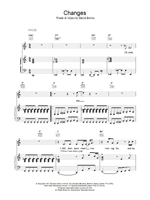 David Bowie Changes sheet music notes printable PDF score