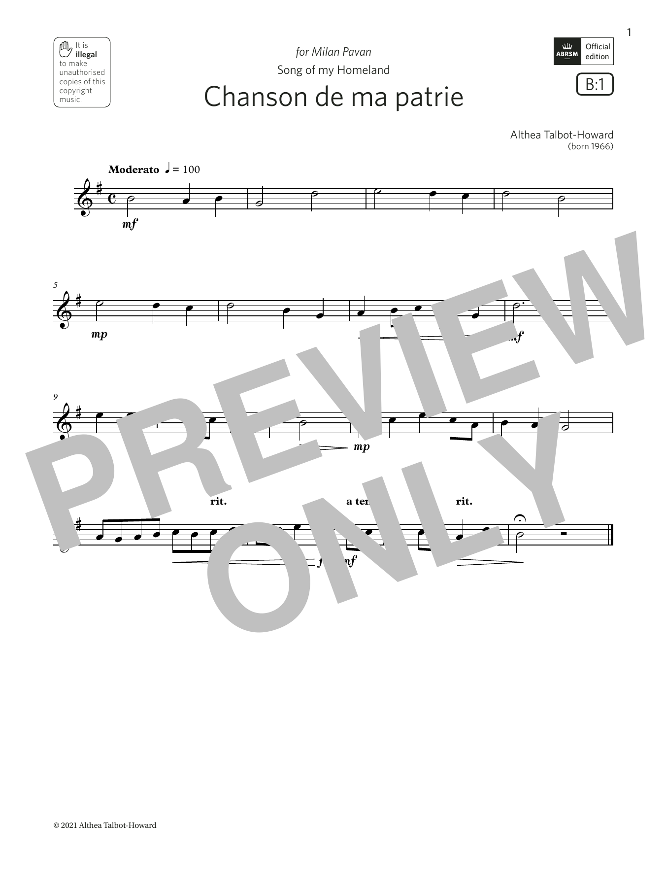 Download Althea Talbot-Howard Chanson de ma patrie (Grade 1 List B1 f Sheet Music