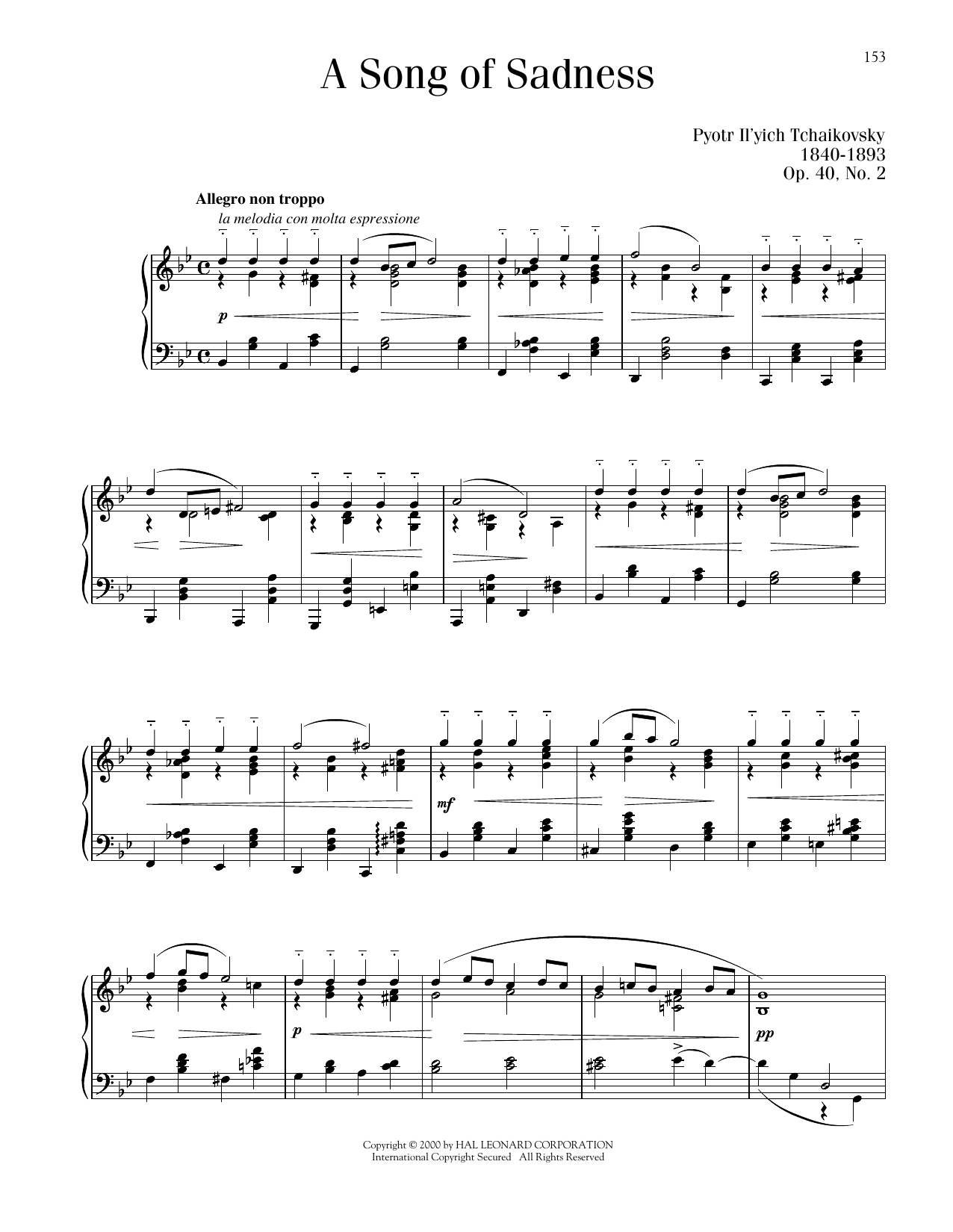 Pyotr Il'yich Tchaikovsky Chanson Triste, Op. 40, No. 2 sheet music notes printable PDF score