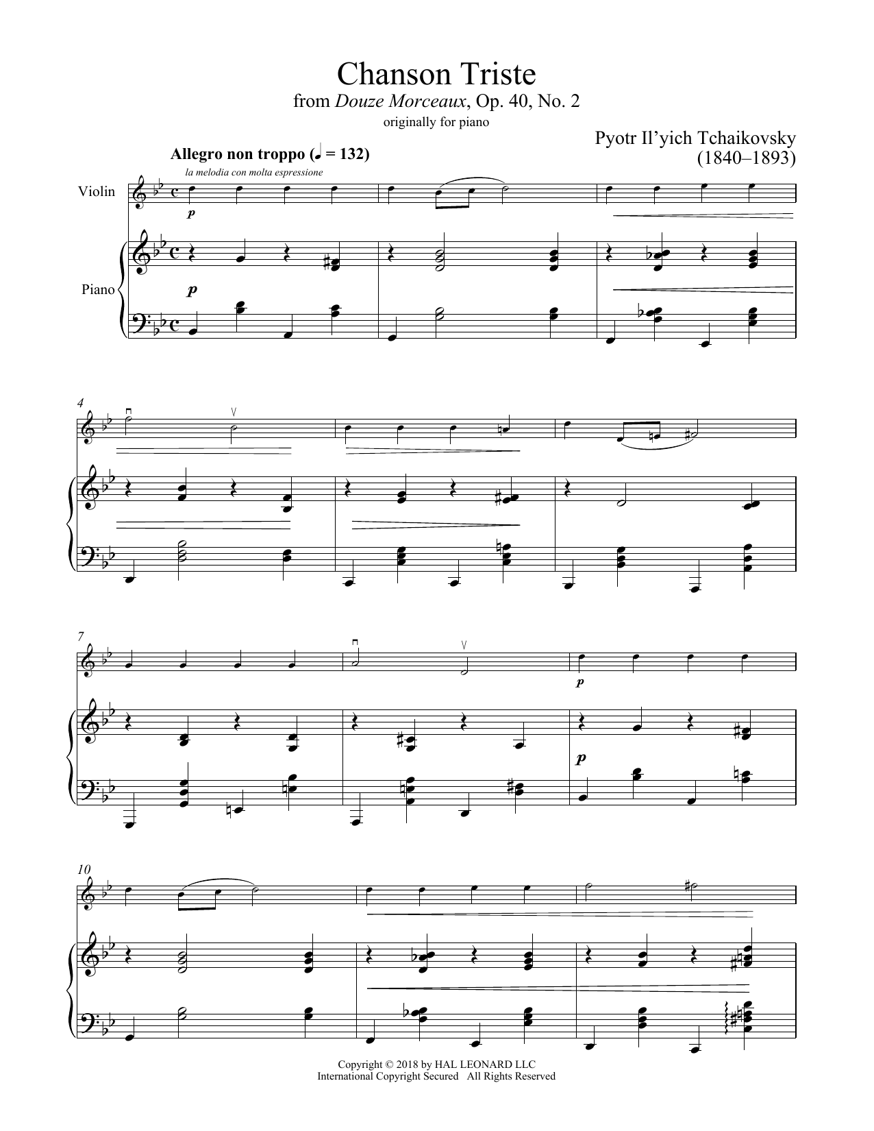 Download Pyotr Il'yich Tchaikovsky Chanson Triste, Op. 40, No. 2 Sheet Music