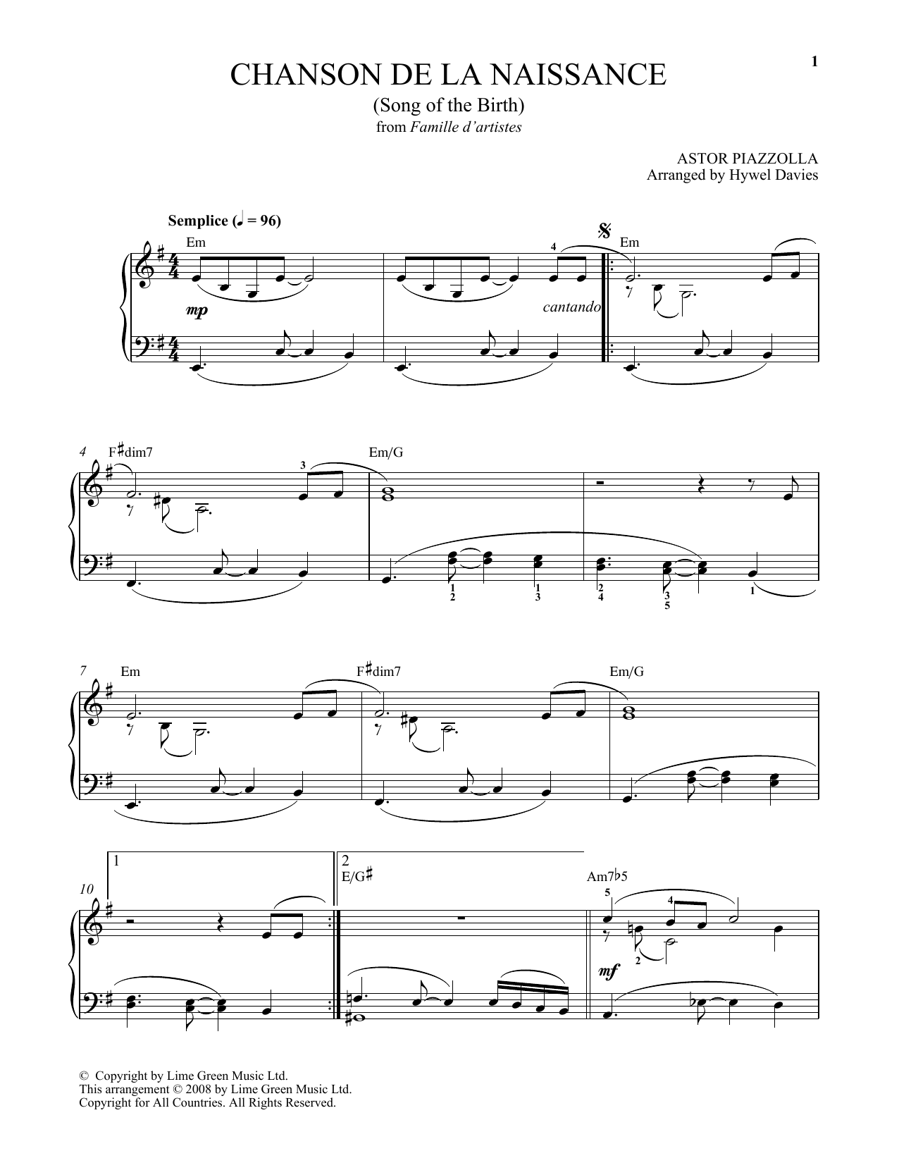 Download Astor Piazzolla Chanson De La Naissance Sheet Music