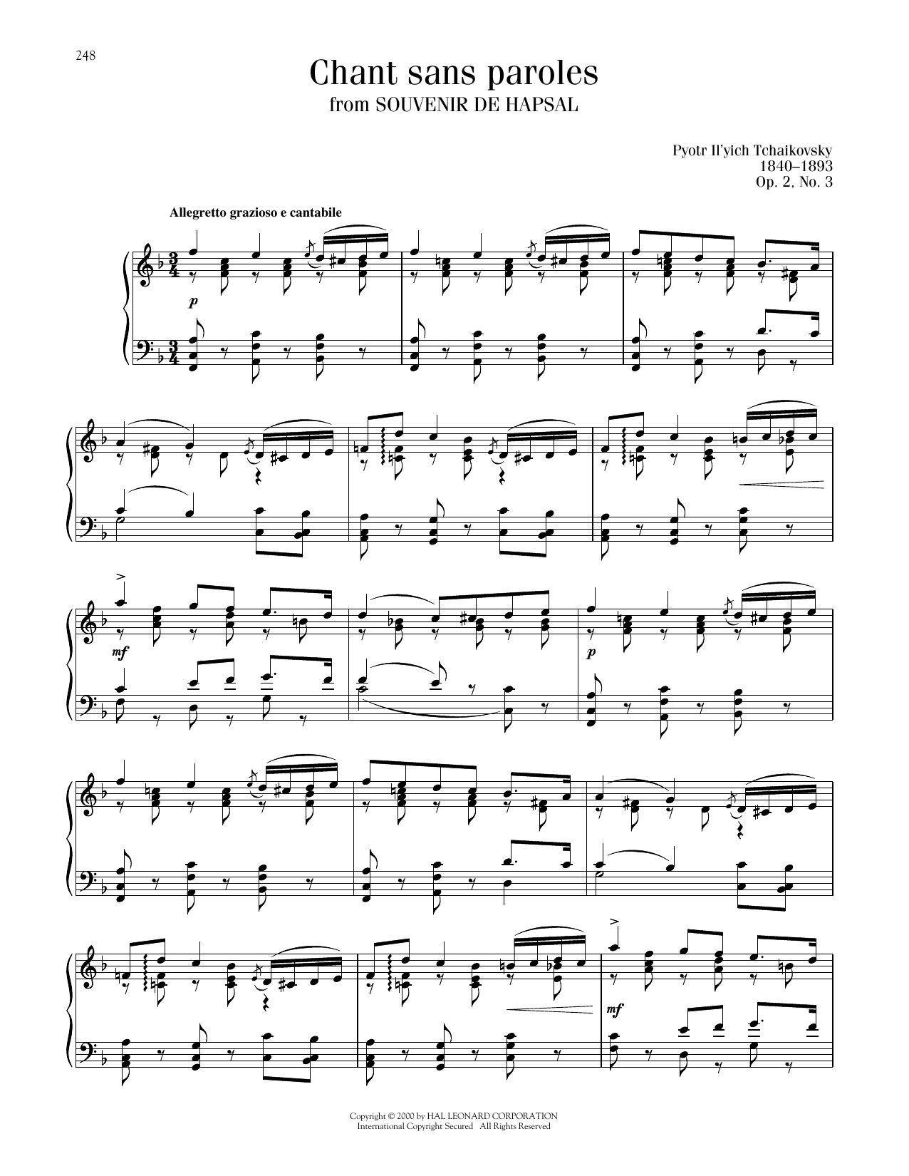 Pyotr Il'yich Tchaikovsky Chant Sans Paroles, Op. 2, No. 3 sheet music notes printable PDF score