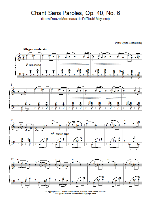 Download Pyotr Ilyich Tchaikovsky Chant Sans Paroles, Op. 40, No. 6 (from Sheet Music
