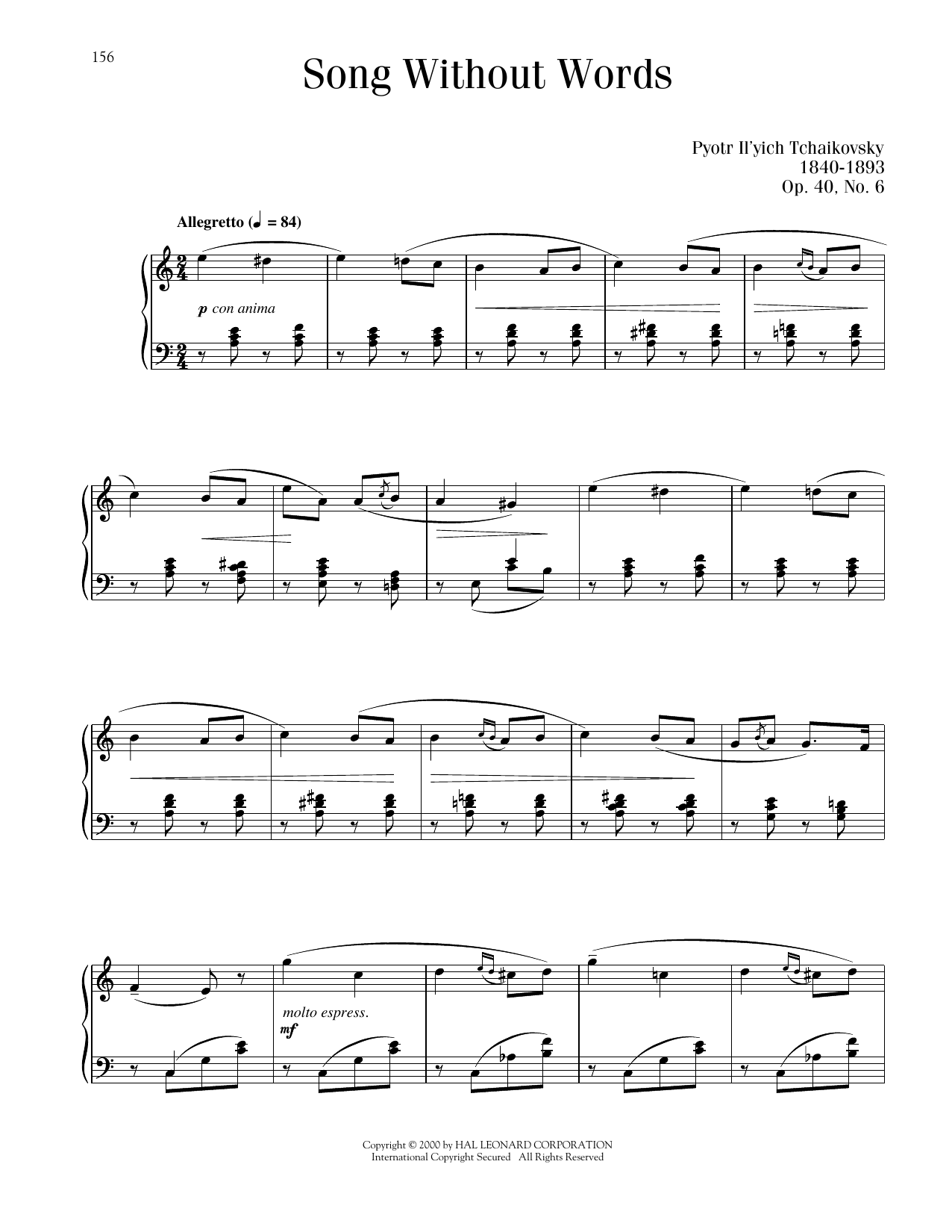 Pyotr Il'yich Tchaikovsky Chant Sans Paroles, Op. 40, No. 6 sheet music notes printable PDF score