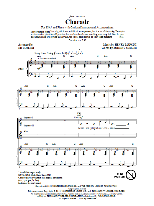 Download Henry Mancini Charade (arr. Ed Lojeski) Sheet Music