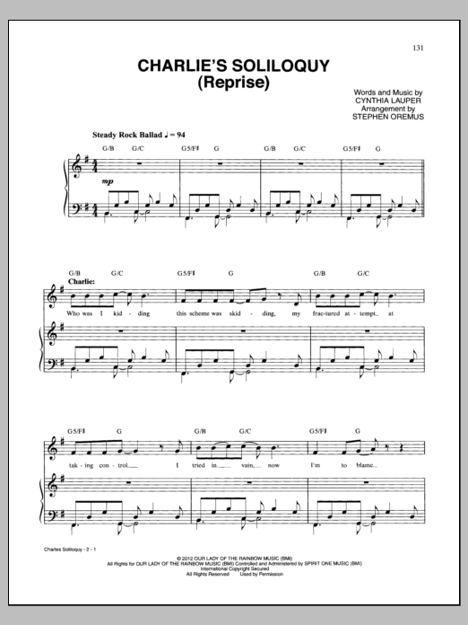 Download Cyndi Lauper Charlie's Soliloquy (Reprise) Sheet Music