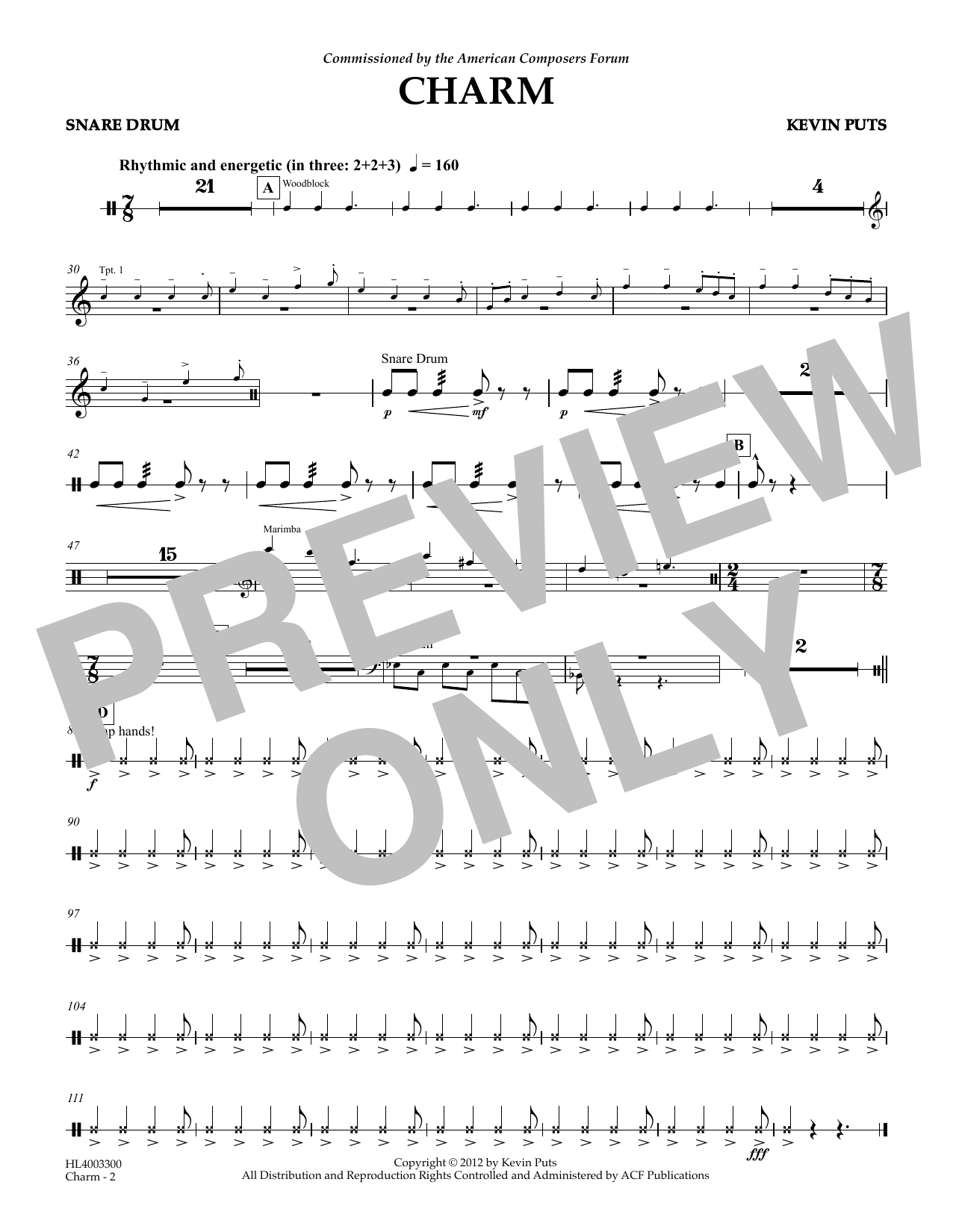 Download Kevin Puts Charm - Snare Drum Sheet Music