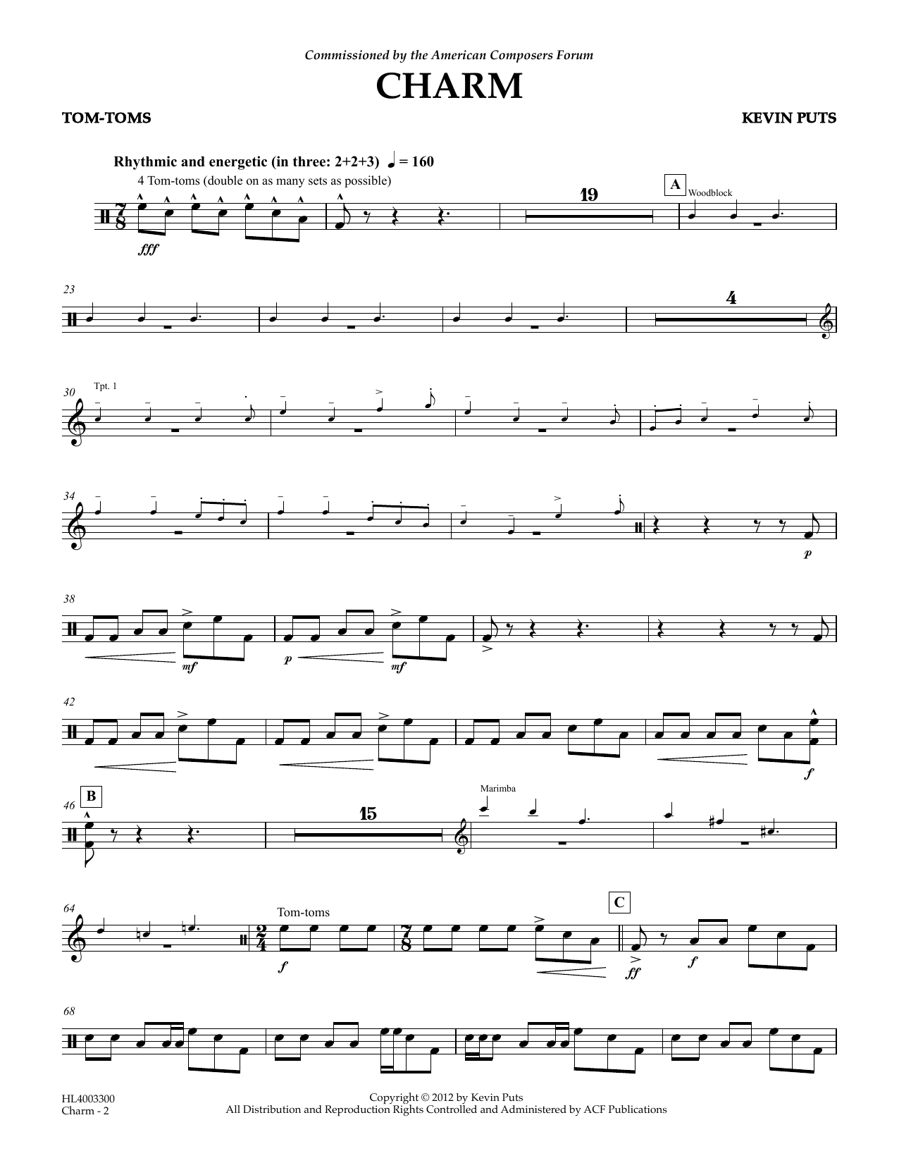 Download Kevin Puts Charm - Tom-Toms Sheet Music