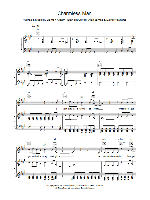 Blur Charmless Man sheet music notes printable PDF score