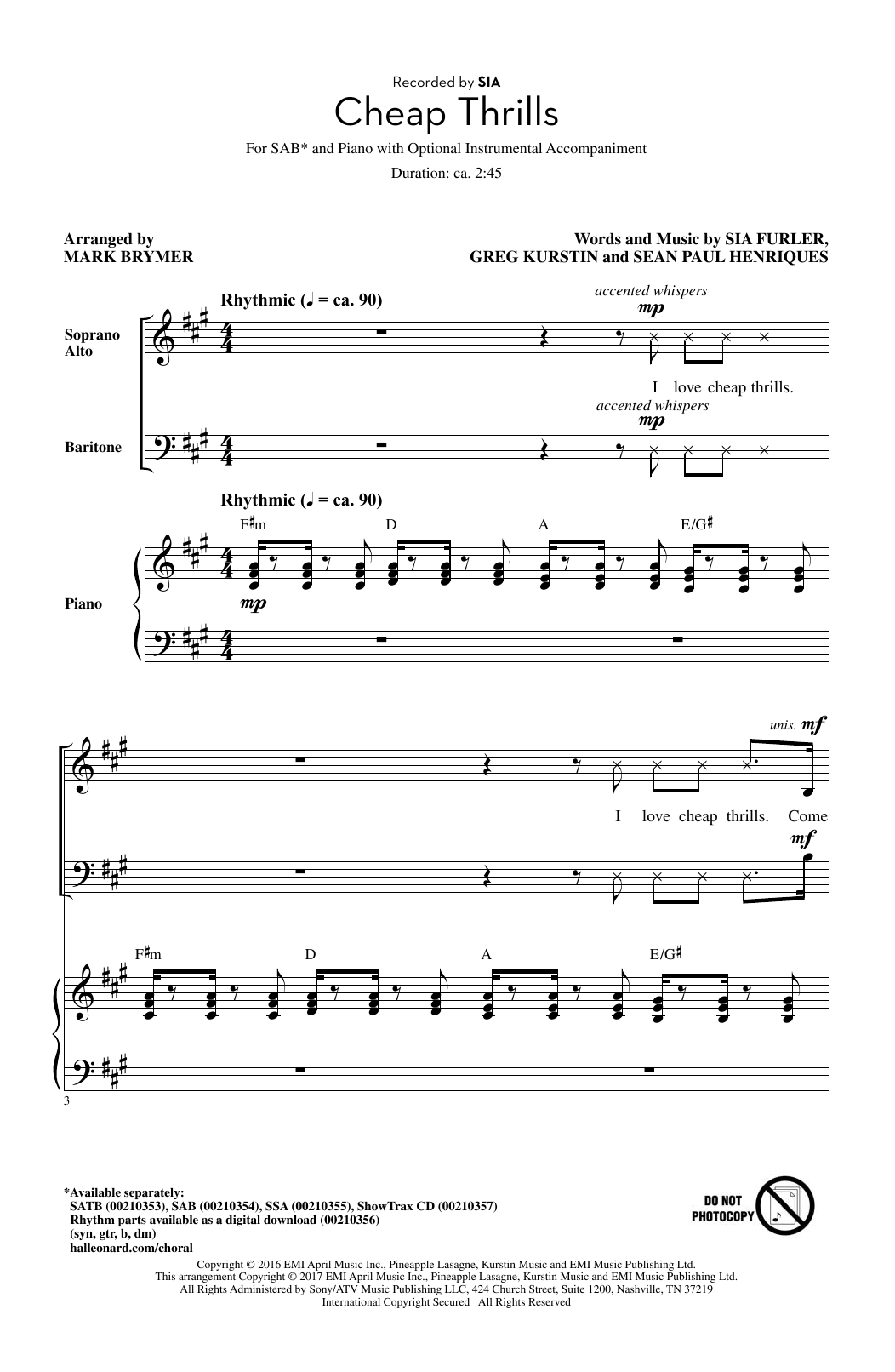 Download Sia Cheap Thrills (feat. Sean Paul) (Arr. Mark Brymer) Sheet Music and Printable PDF Score for SSA Choir