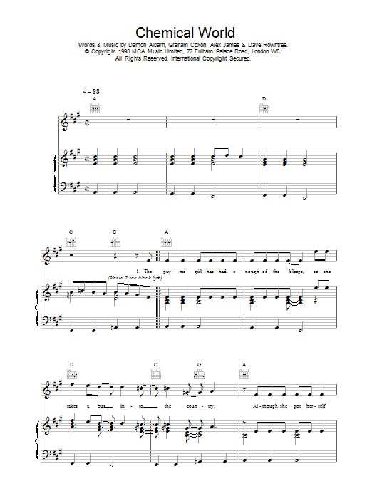 Blur Chemical World sheet music notes printable PDF score
