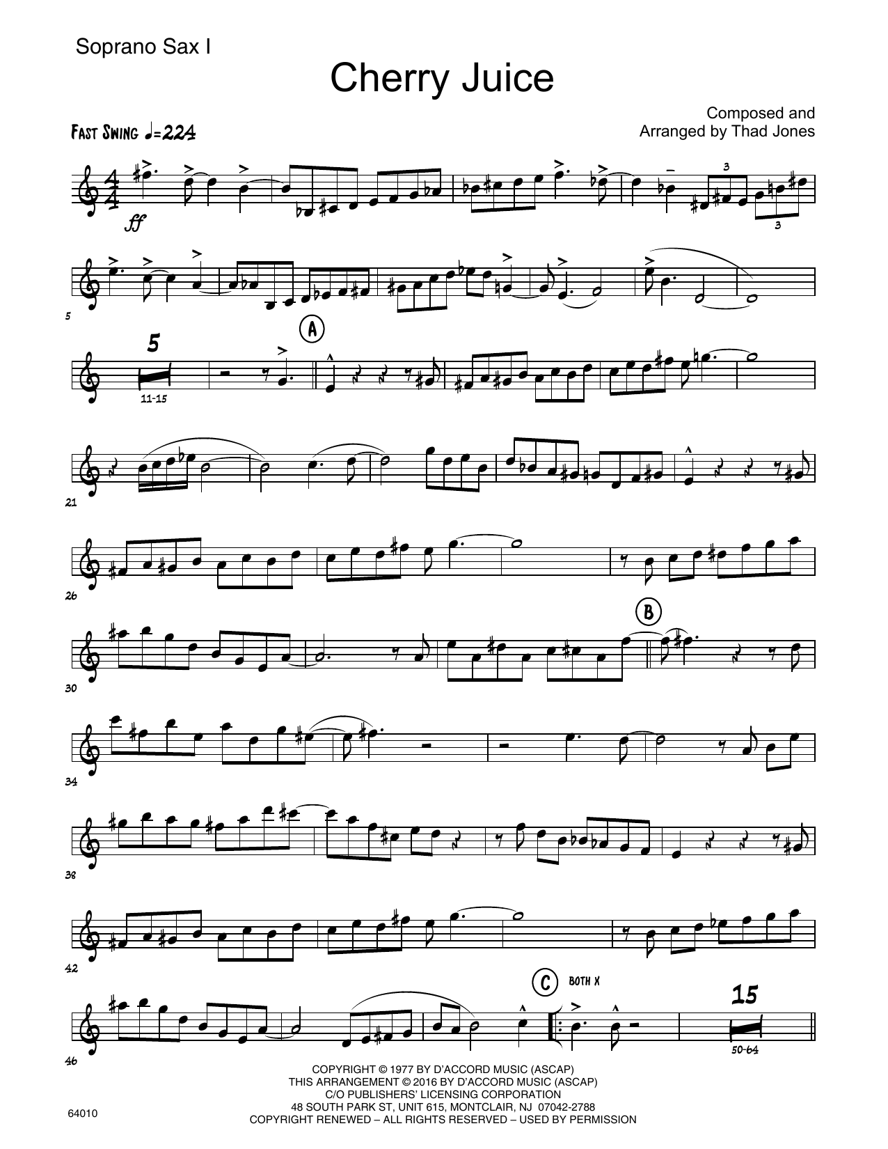 Download Thad Jones Cherry Juice - Bb Soprano Sax Sheet Music