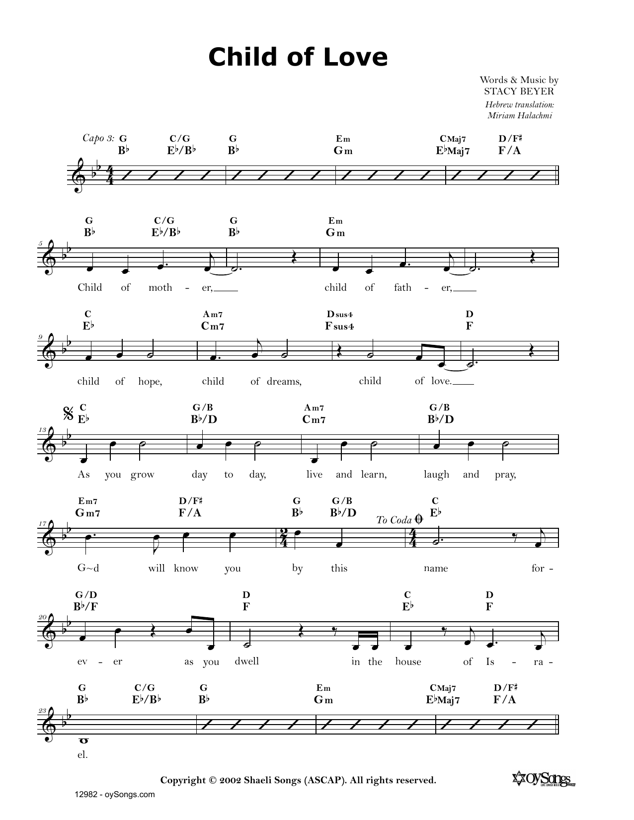 Download Stacy Beyer Child of Love Sheet Music