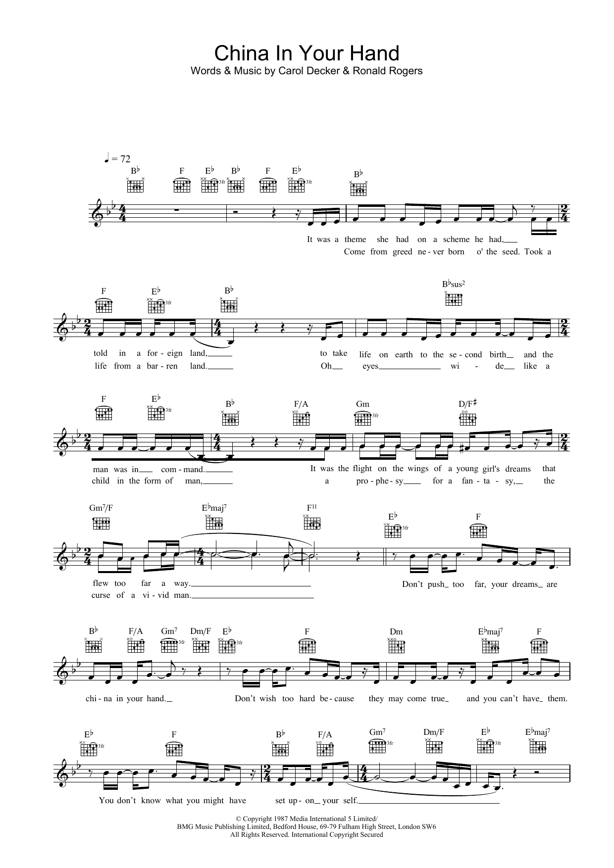 Download Carol Decker China In Your Hand Sheet Music