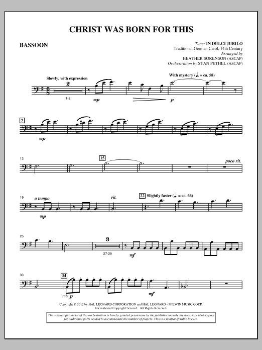 Download Heather Sorenson Christ Was Born For This - Bassoon Sheet Music
