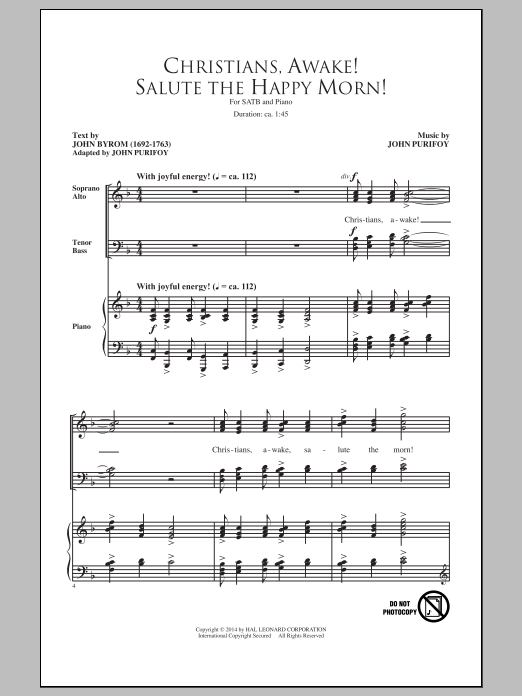 Download John Purifoy Christians, Awake! Salute The Happy Mor Sheet Music