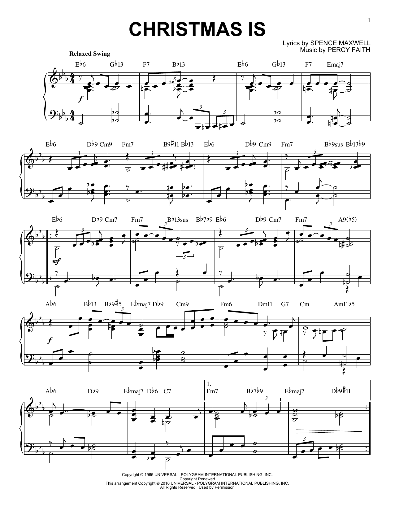 Download Percy Faith Christmas Is [Jazz version] (arr. Brent Sheet Music