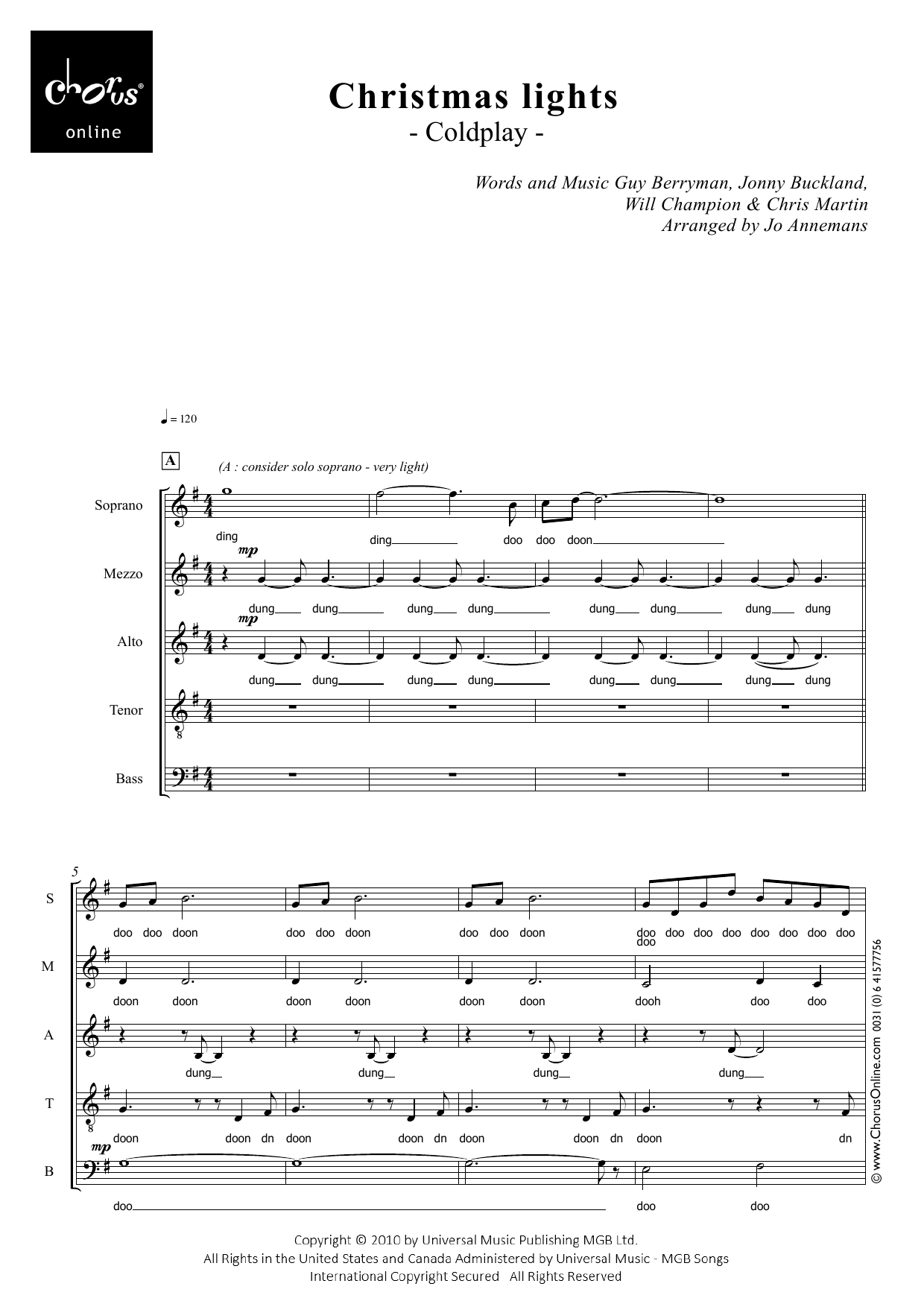 Coldplay Christmas Lights (arr. Jo Annemans) sheet music notes printable PDF score