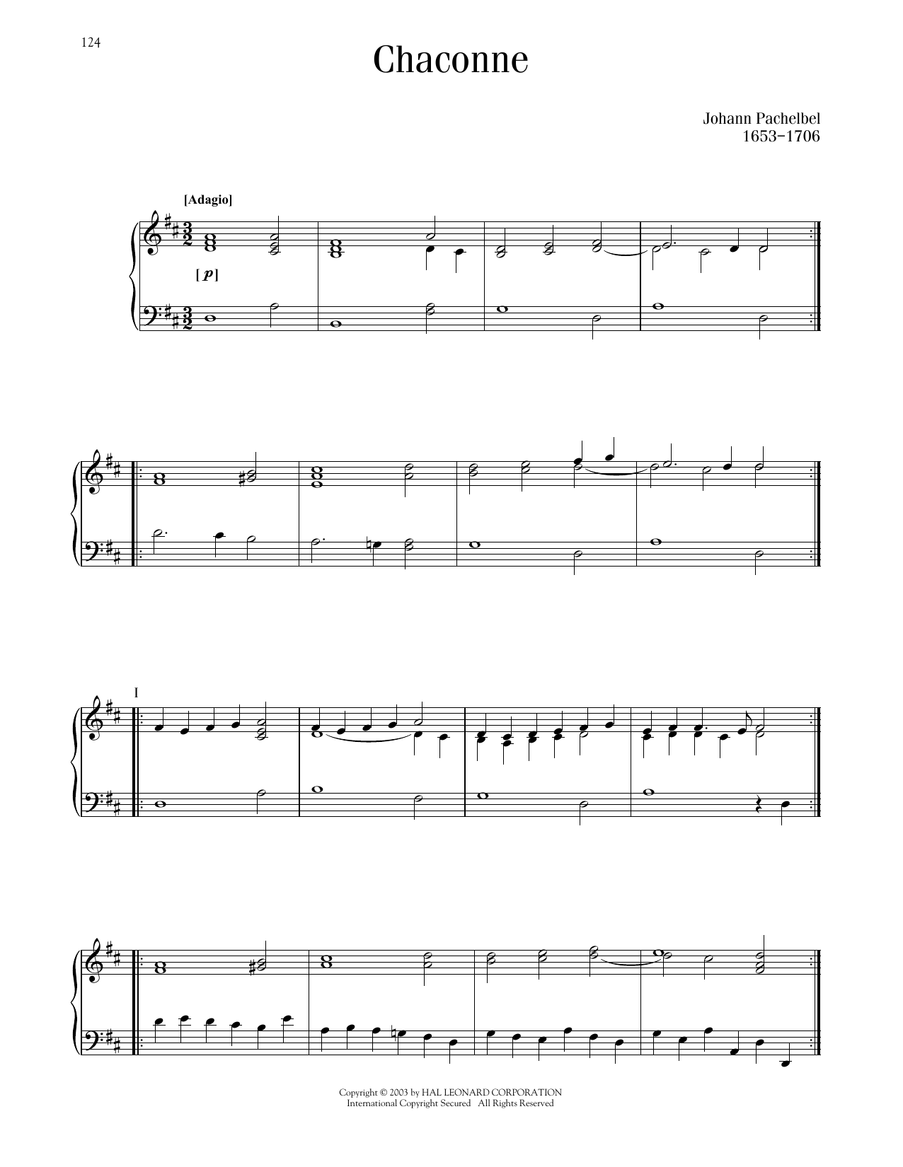 Johann Pachelbel Ciaconna (Chaconne) sheet music notes printable PDF score