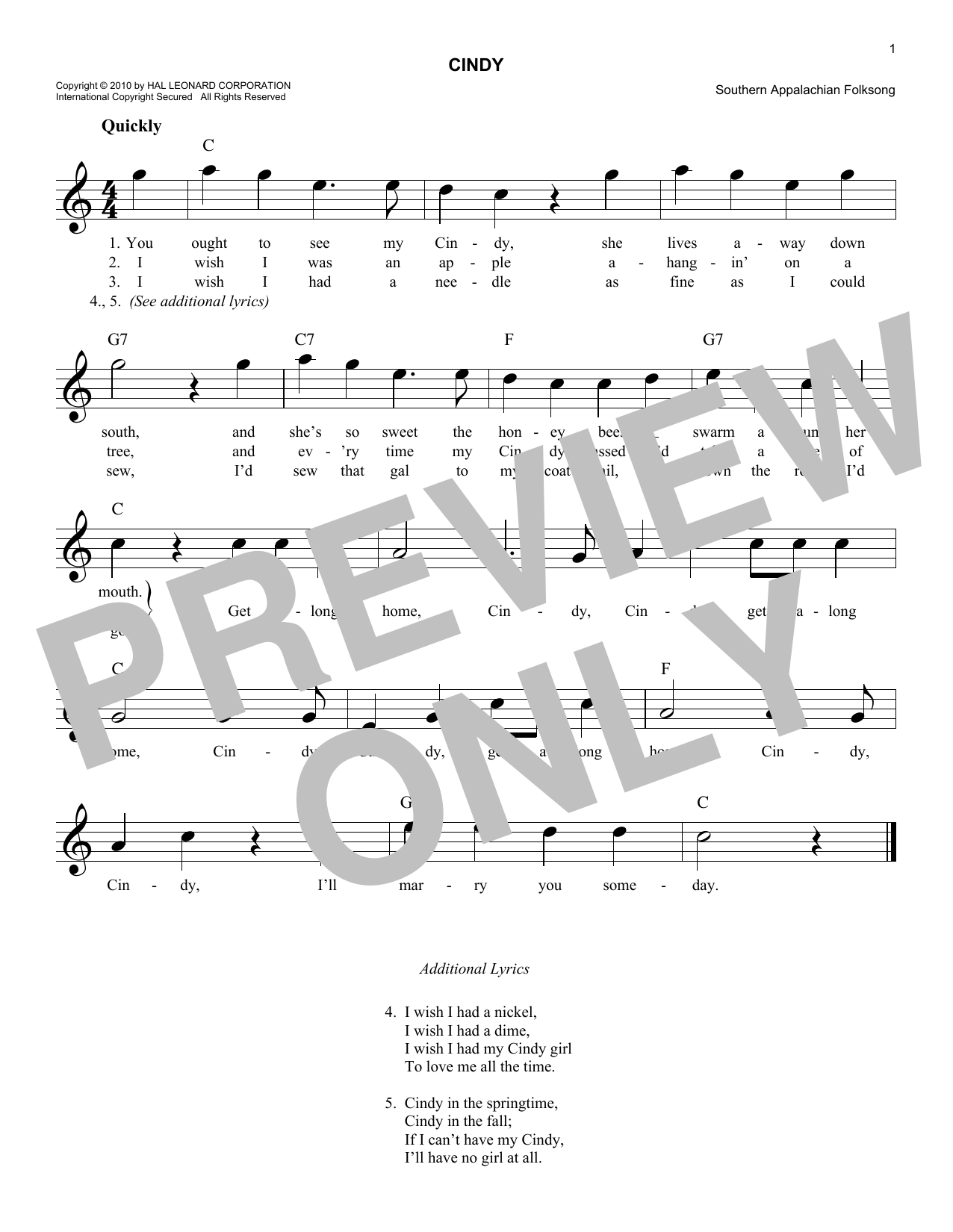 Download Traditional Folksong Cindy Sheet Music