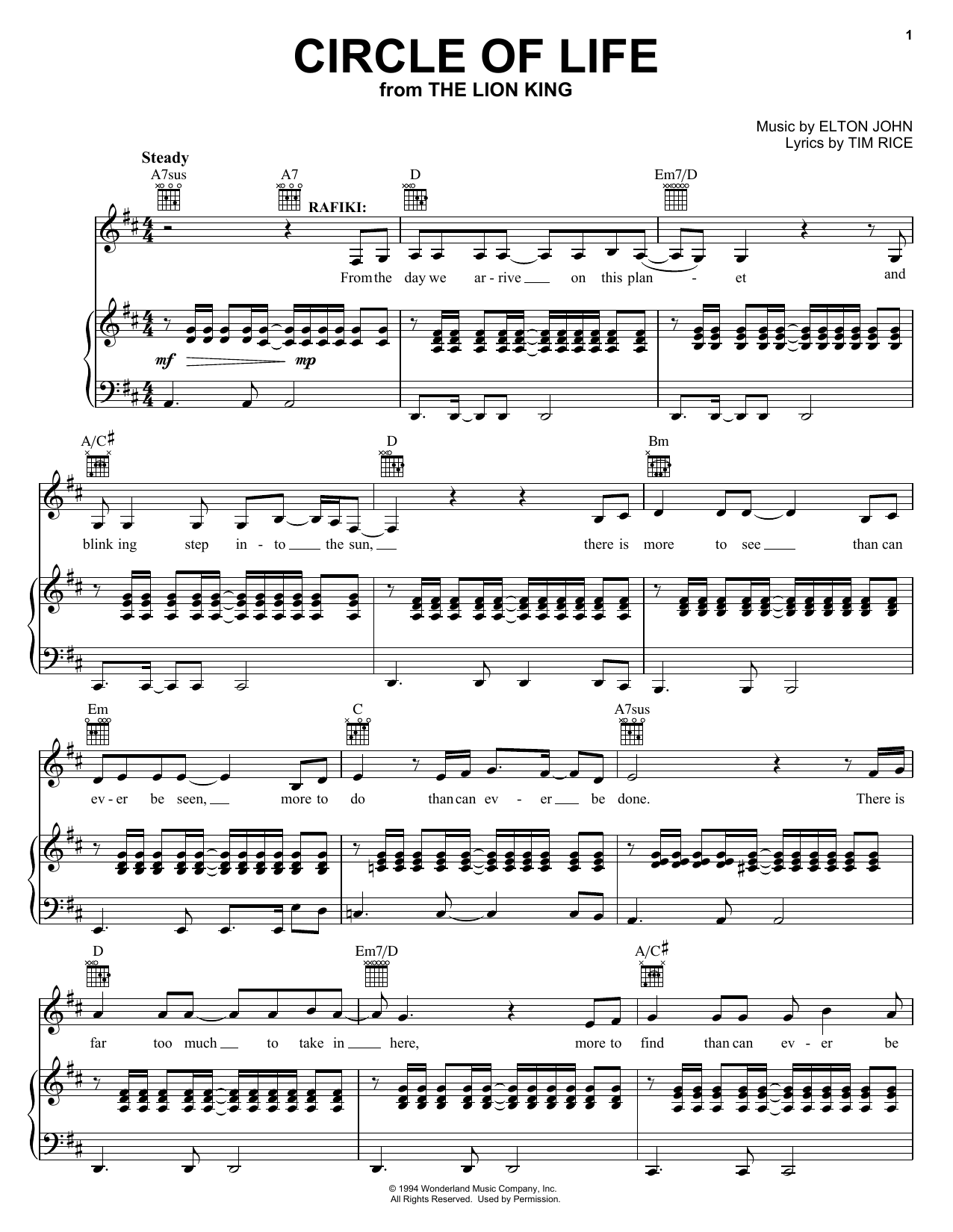 Elton John Circle Of Life (from The Lion King: Broadway Musical) sheet music notes printable PDF score