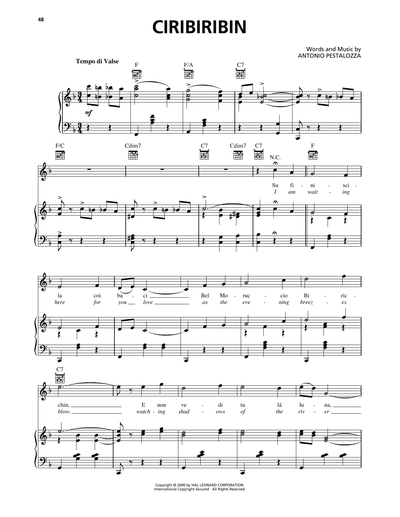 Antonio Pestalozza Ciribiribin sheet music notes printable PDF score