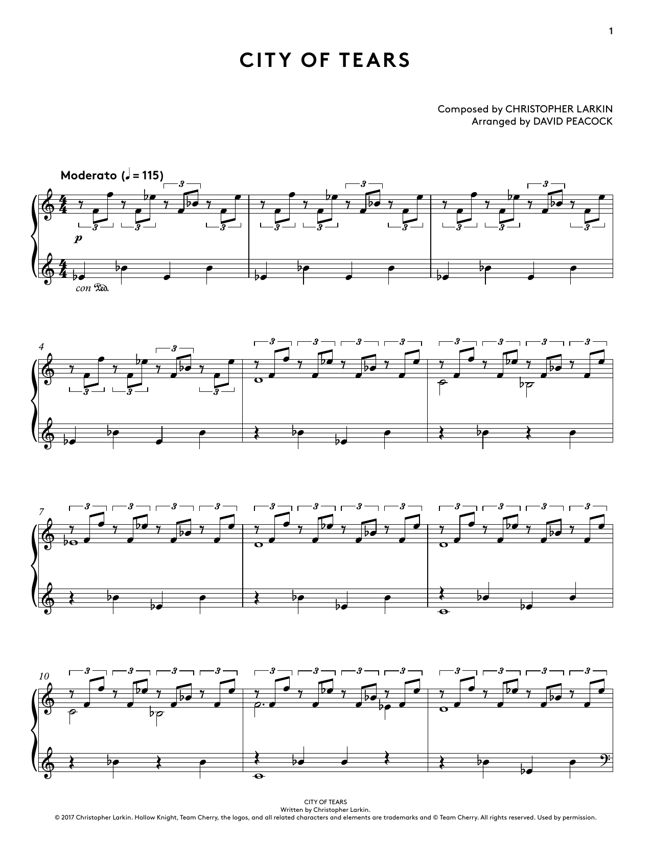 Download Christopher Larkin City of Tears (from Hollow Knight Piano Sheet Music