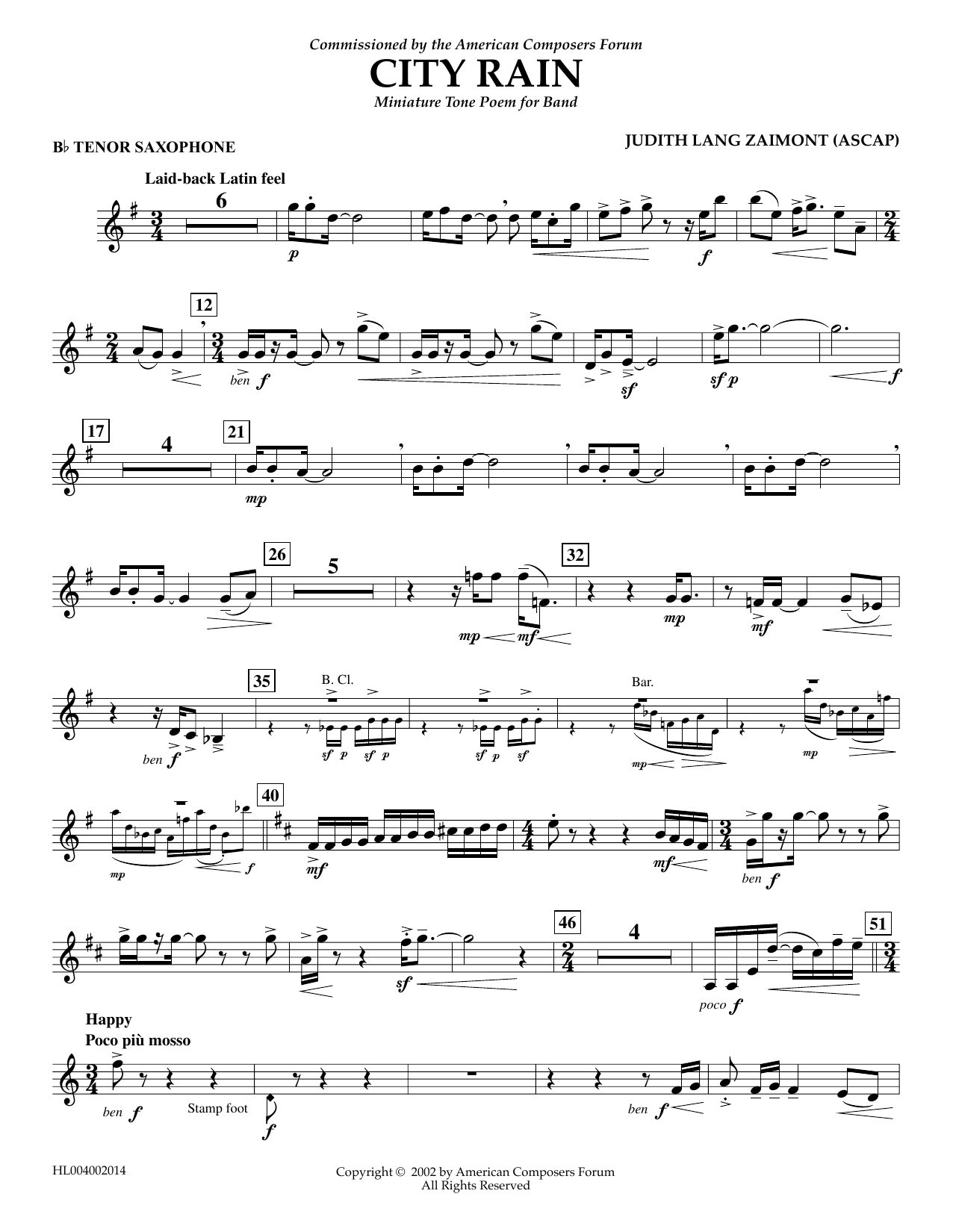 Download Judith Zaimont City Rain - Bb Tenor Saxophone Sheet Music