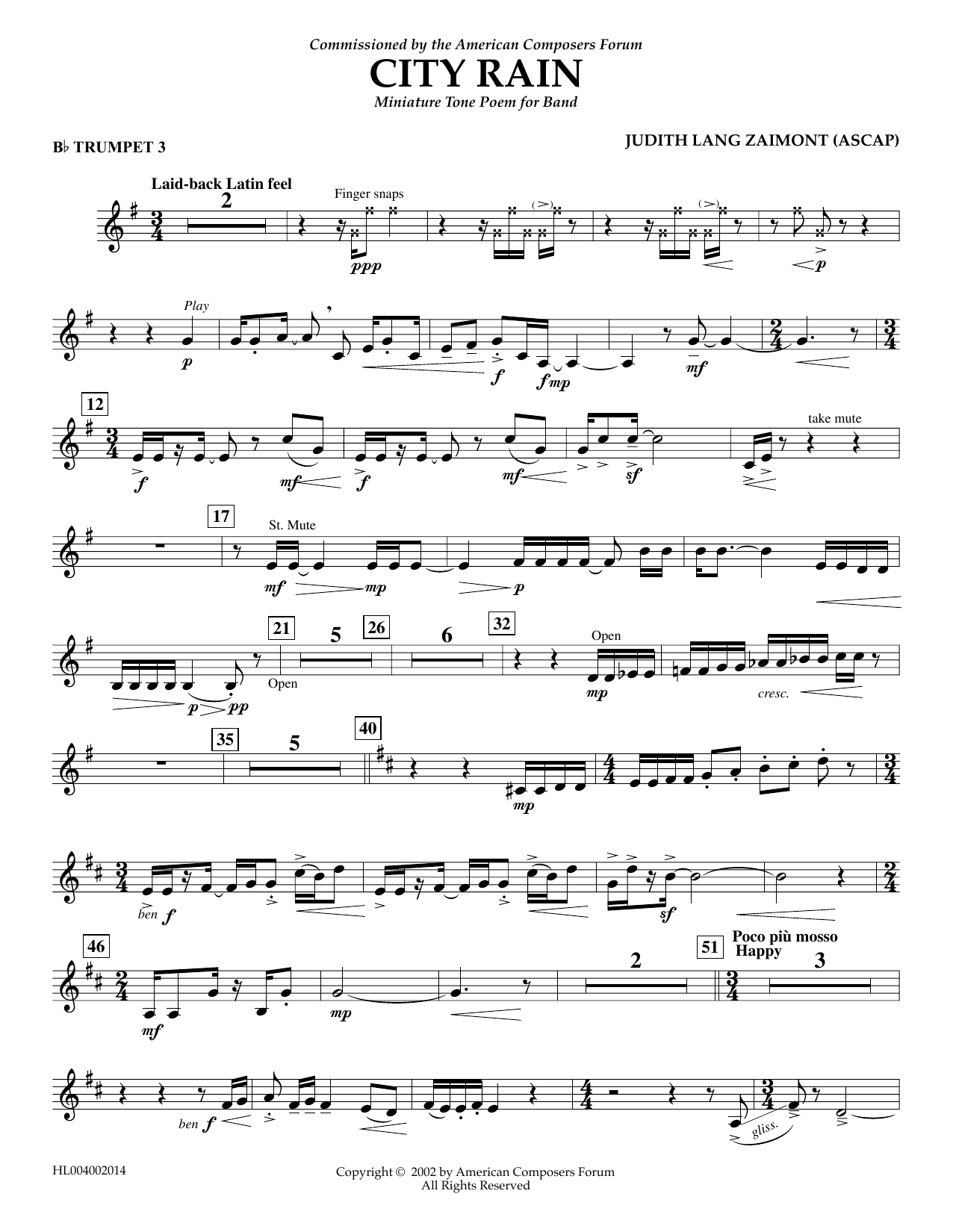 Download Judith Zaimont City Rain - Bb Trumpet 3 Sheet Music