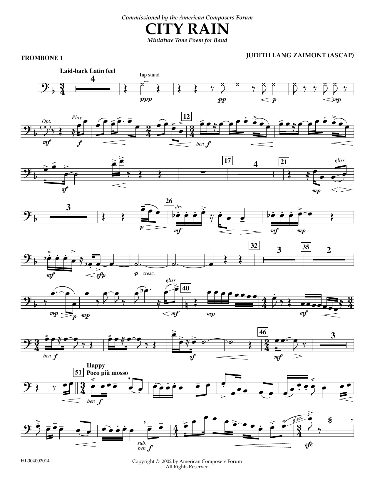Download Judith Zaimont City Rain - Trombone 1 Sheet Music