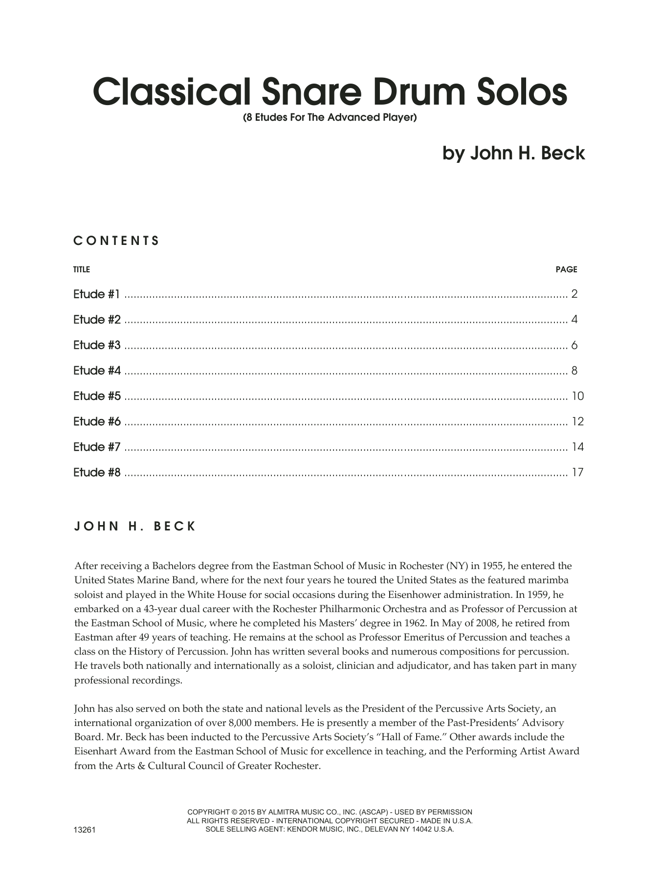 Download John H. Beck Classical Snare Drum Solos (8 Etudes Fo Sheet Music