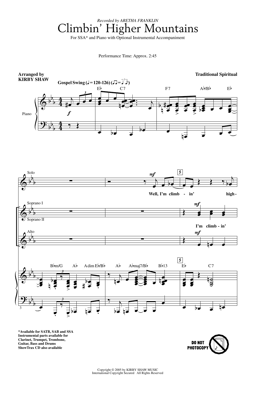 Download Aretha Franklin Climbin' Higher Mountains (arr. Kirby S Sheet Music