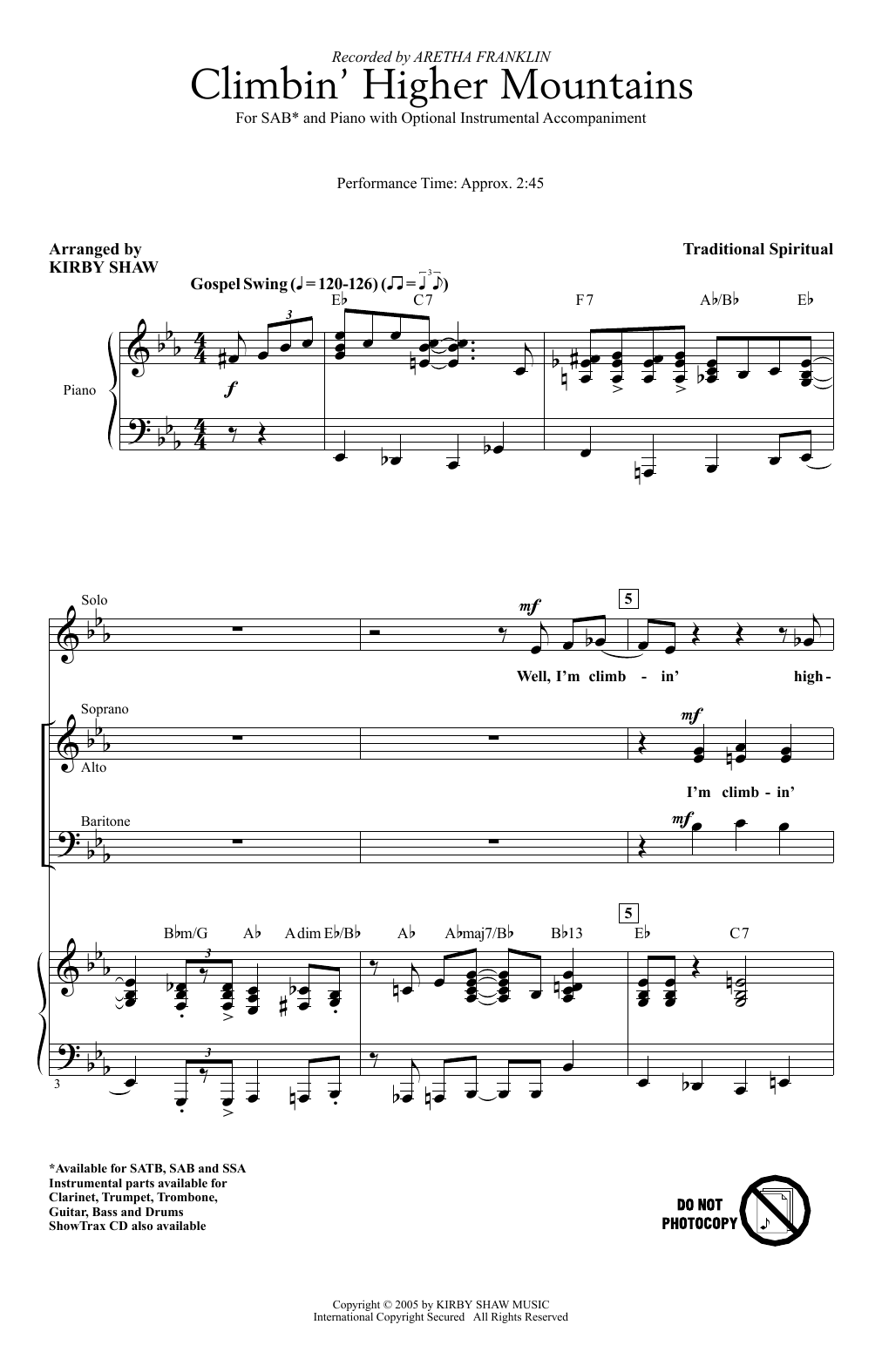 Download Aretha Franklin Climbin' Higher Mountains (arr. Kirby S Sheet Music