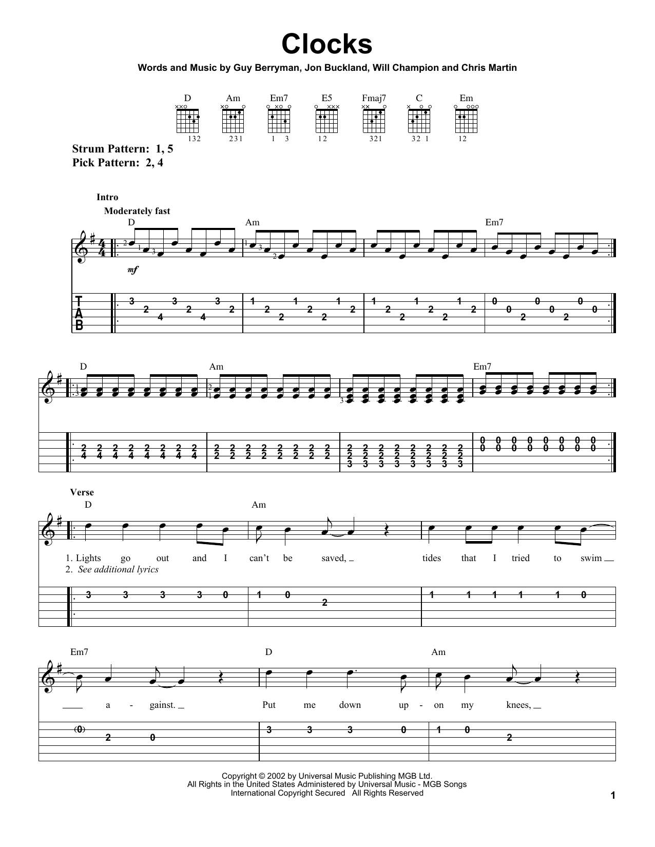 Coldplay Clocks sheet music notes printable PDF score