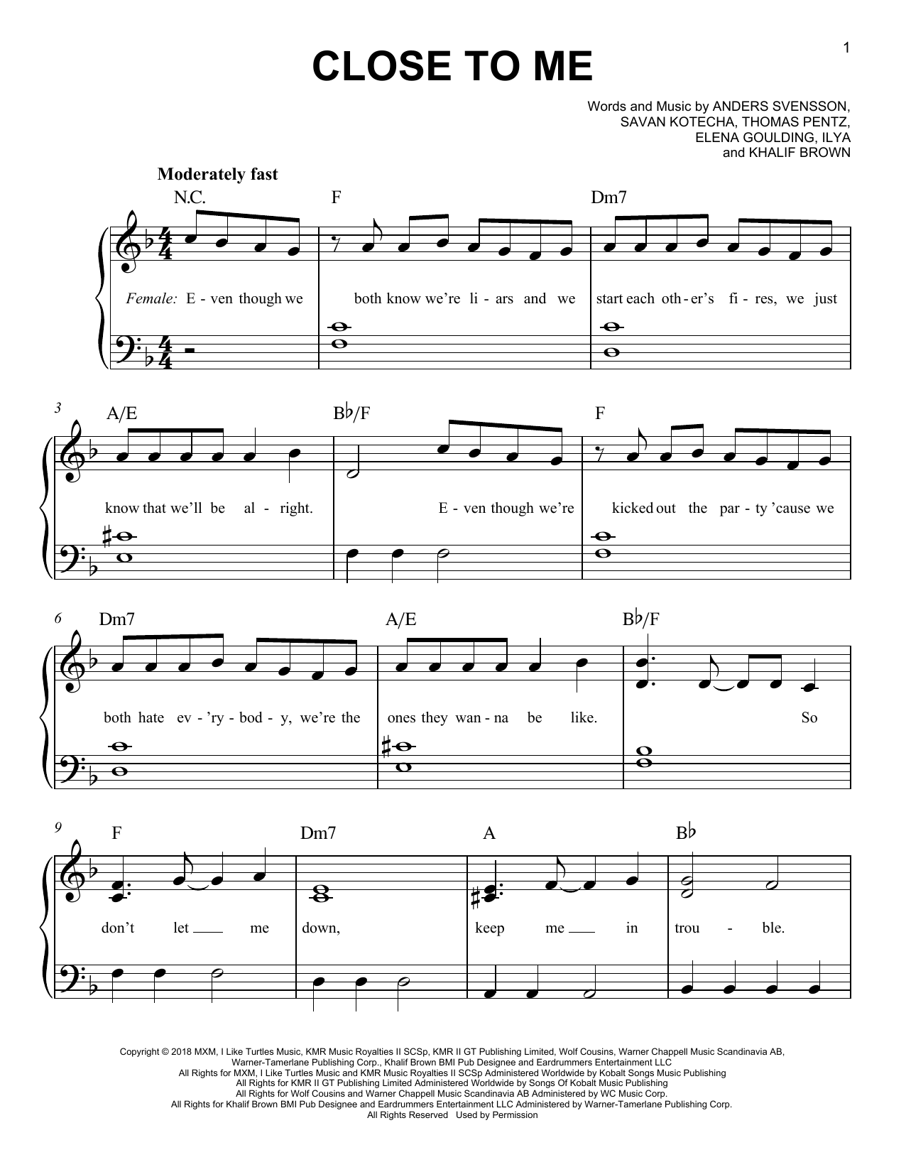 Ellie Goulding, Diplo & Swae Lee Close To Me sheet music notes printable PDF score