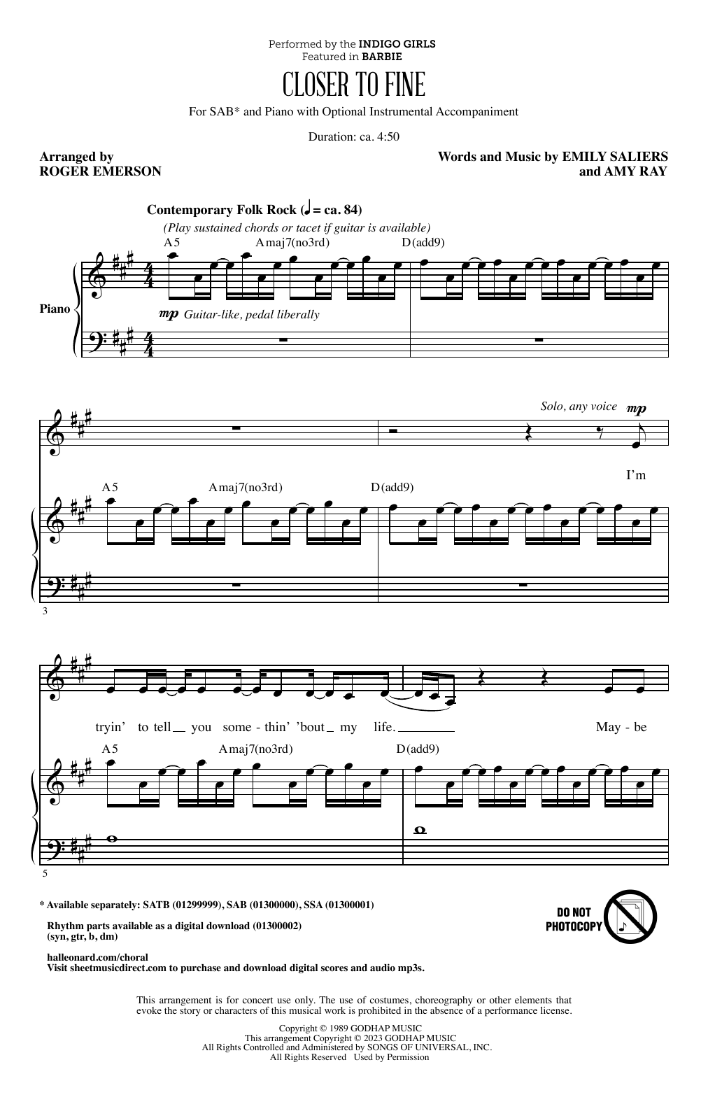 Indigo Girls Closer To Fine (arr. Roger Emerson) sheet music notes printable PDF score