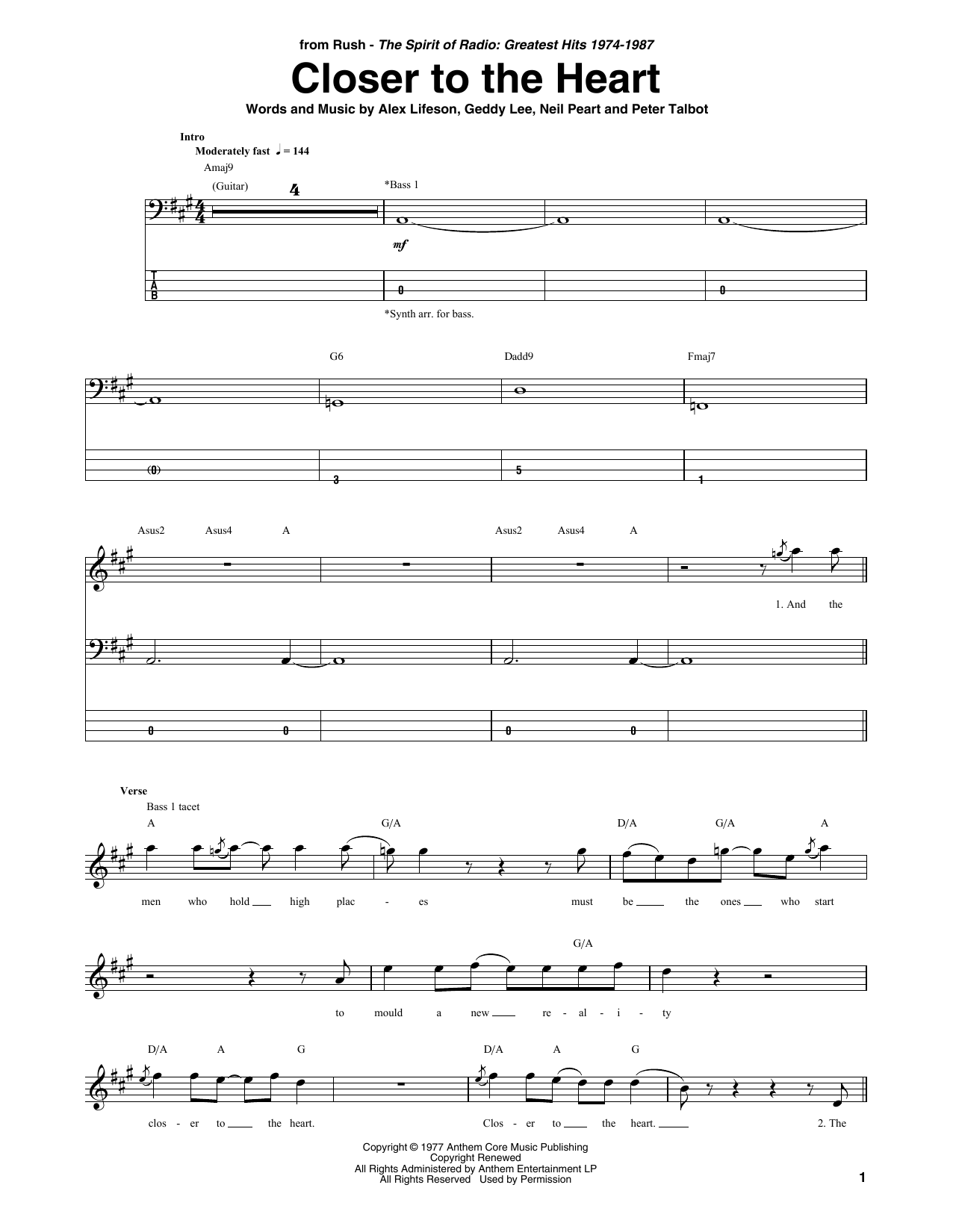 Download Rush Closer To The Heart Sheet Music