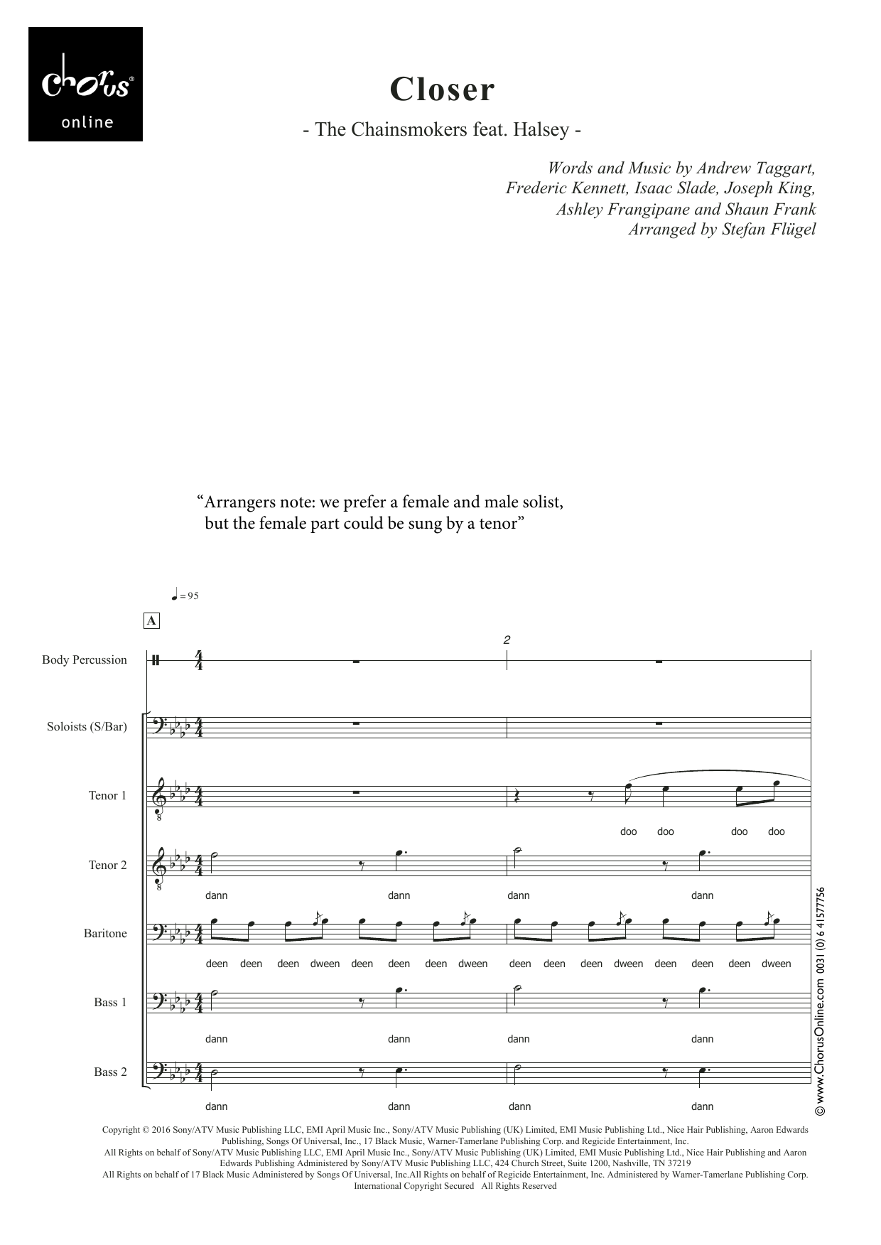 The Chainsmokers Closer (feat. Halsey) (arr. Stefan Flügel) sheet music notes printable PDF score