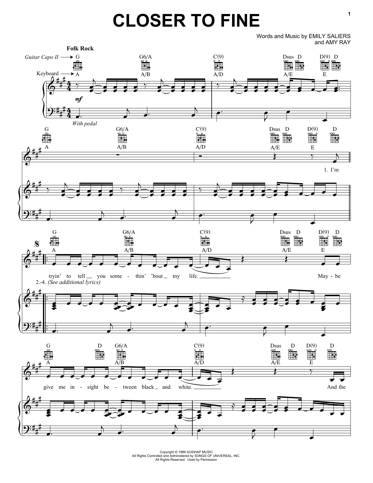 Indigo Girls Closer To Fine sheet music notes printable PDF score