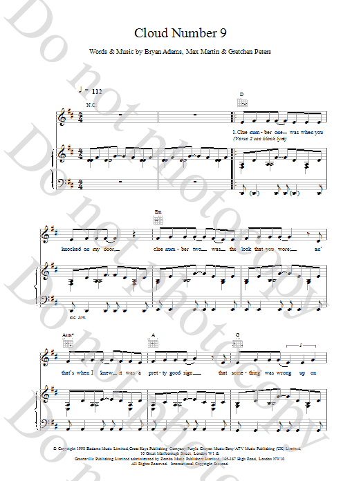 Bryan Adams Cloud Number Nine sheet music notes printable PDF score