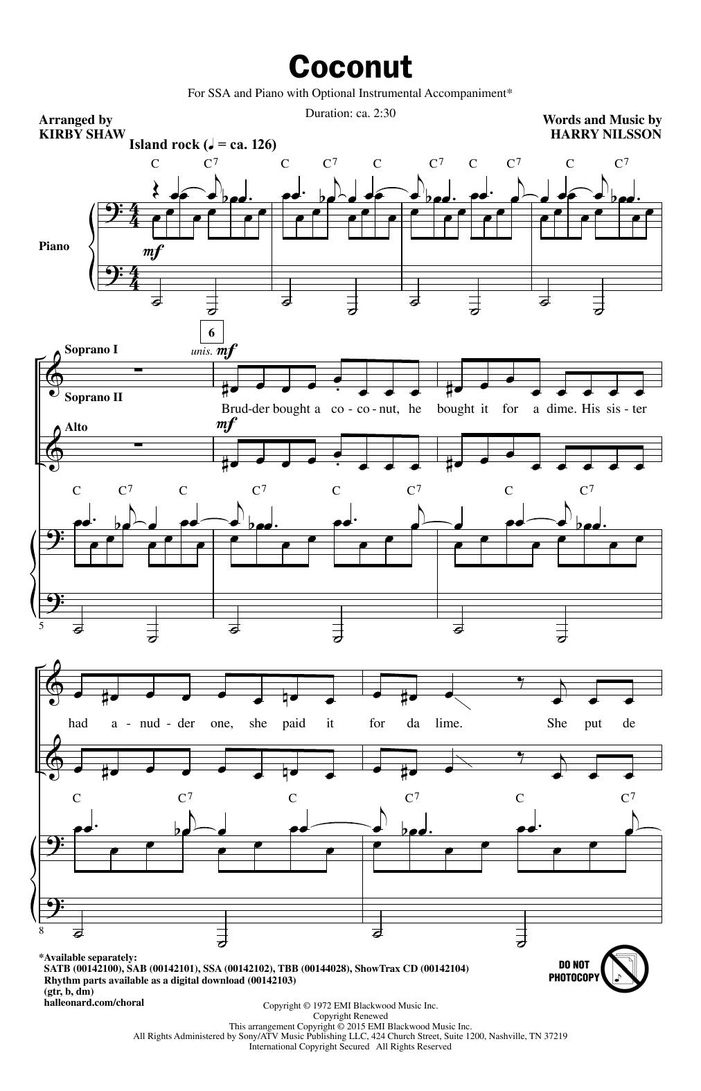 Download Harry Nilsson Coconut (arr. Kirby Shaw) Sheet Music