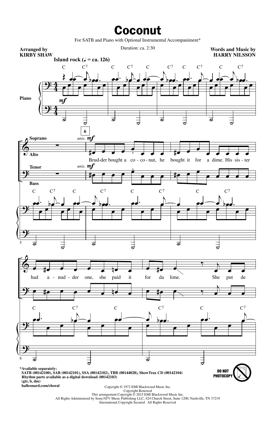 Download Harry Nilsson Coconut (arr. Kirby Shaw) Sheet Music
