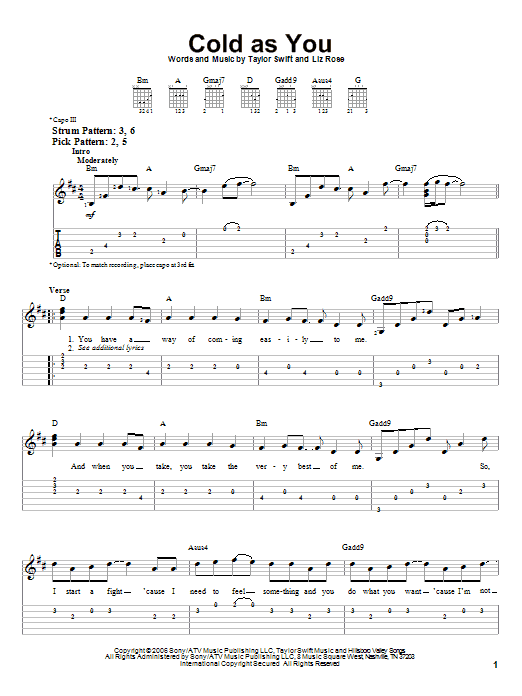 Download Taylor Swift Cold As You Sheet Music