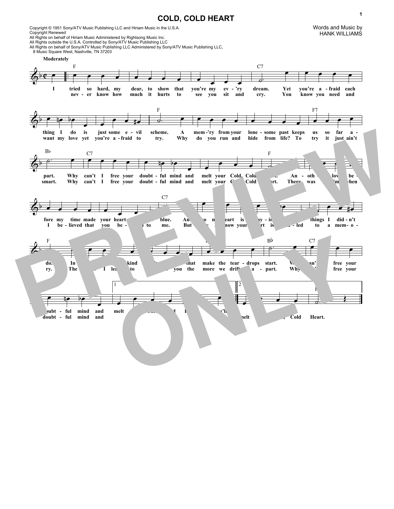 Download Hank Williams Cold, Cold Heart Sheet Music