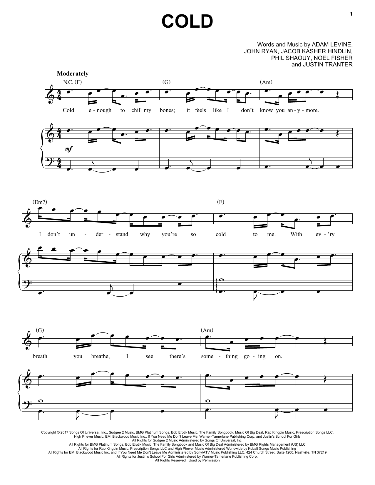 Download Maroon 5 Cold Sheet Music
