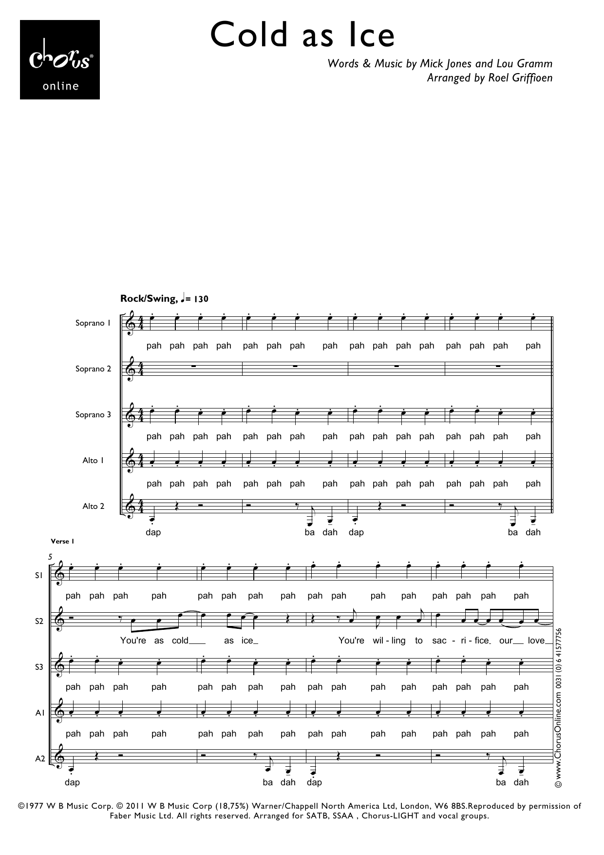 Foreigner Cold As Ice (arr. Roel Griffioen) sheet music notes printable PDF score