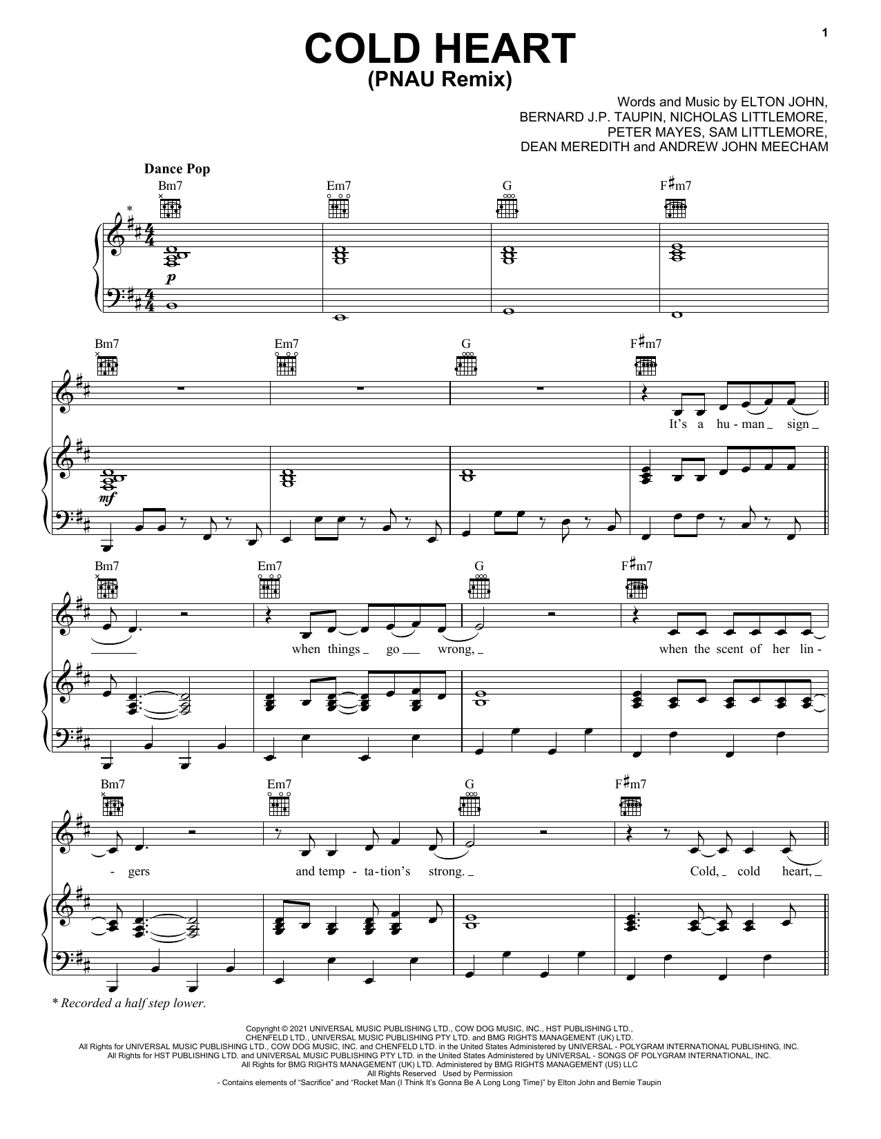 Elton John & Dua Lipa Cold Heart (PNAU Remix) sheet music notes printable PDF score