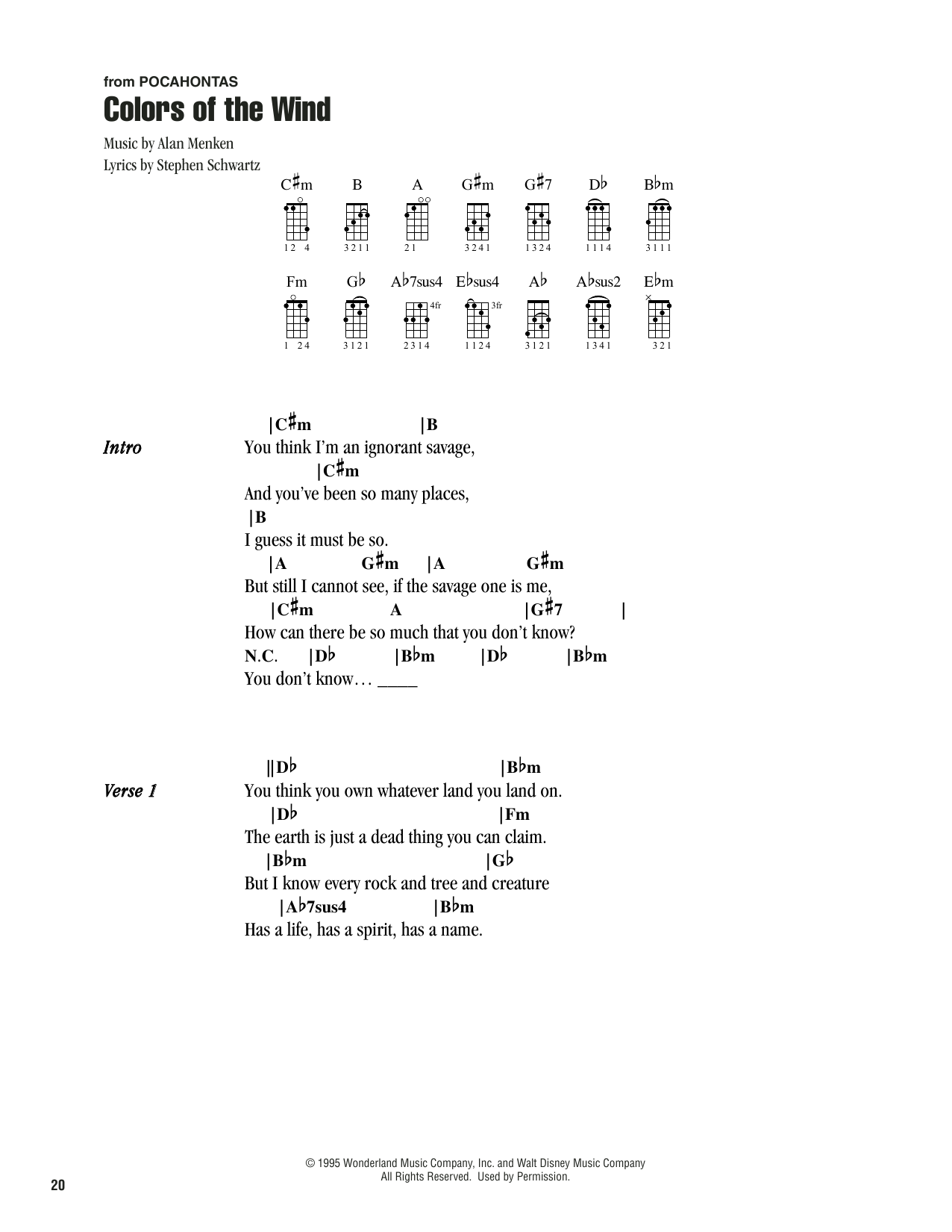 Alan Menken Colors Of The Wind (from Pocahontas) sheet music notes printable PDF score