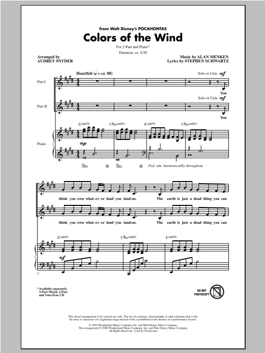 Download Alan Menken Colors Of The Wind (arr. Audrey Snyder) Sheet Music