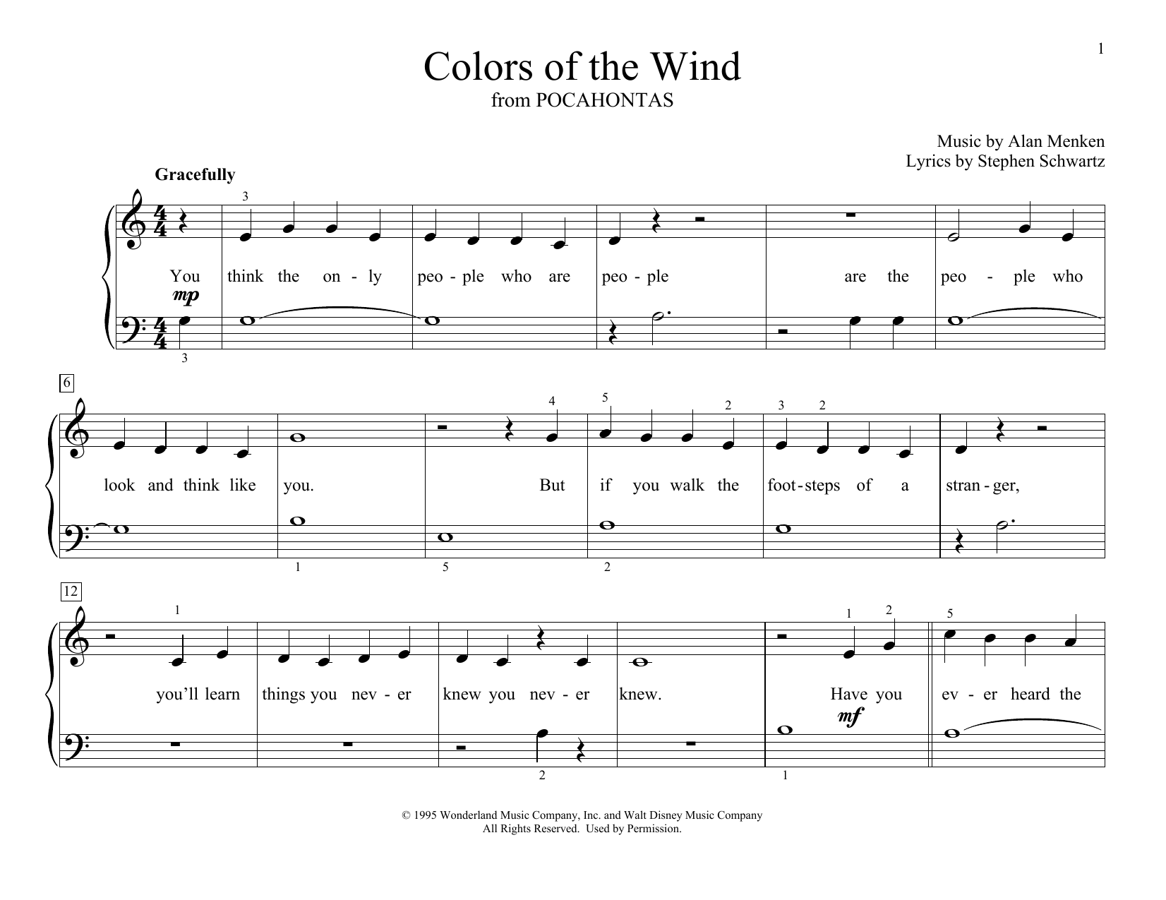 Download Alan Menken Colors Of The Wind (from Pocahontas) (a Sheet Music